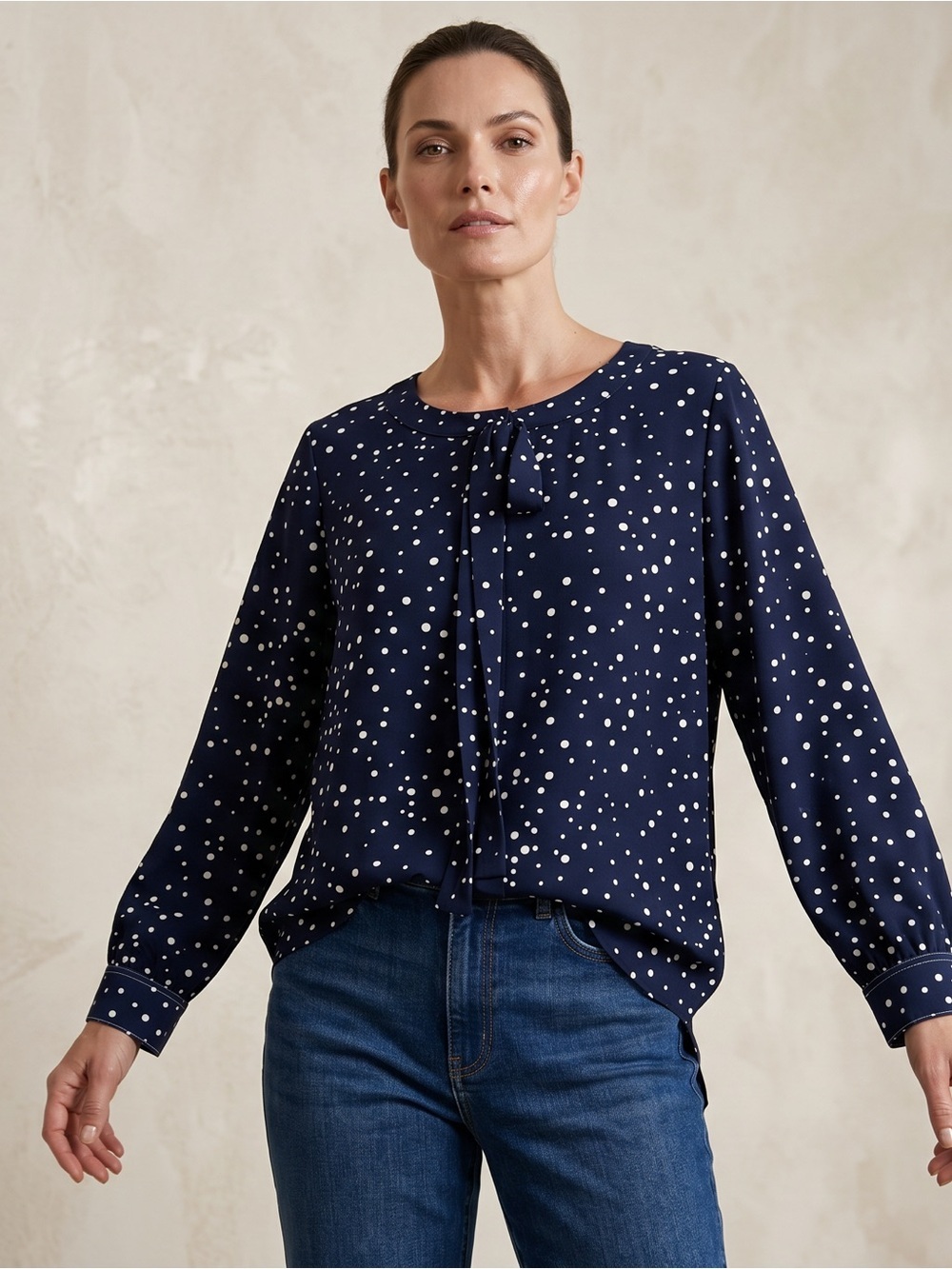 Agnes Orinda Navy Polka Dot Long-Sleeve Tie Neck Blouse